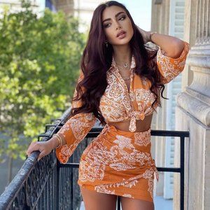 Zara Orange and White Mini Skirt